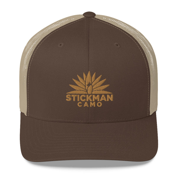 Stickman Camo - Trucker Hat with Golden Logo - Multiple Colors Available - Stickman Camo Stickman Camo - Trucker Hat with Golden Logo - Multiple Colors Available  24.00 Stickman Camo BrownKhaki